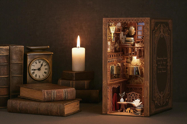 Rustikale Szene mit alten Büchern, einer brennenden Kerze und einem detailreichen Book Nook im Regal; warme, gemütliche Atmosphäre, die an eine kleine beleuchtete Miniaturwelt erinnert